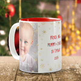 Baby 1:a julen Ny mamma Pappa Snöflingor 2 Foto Två-Tonad Mugg