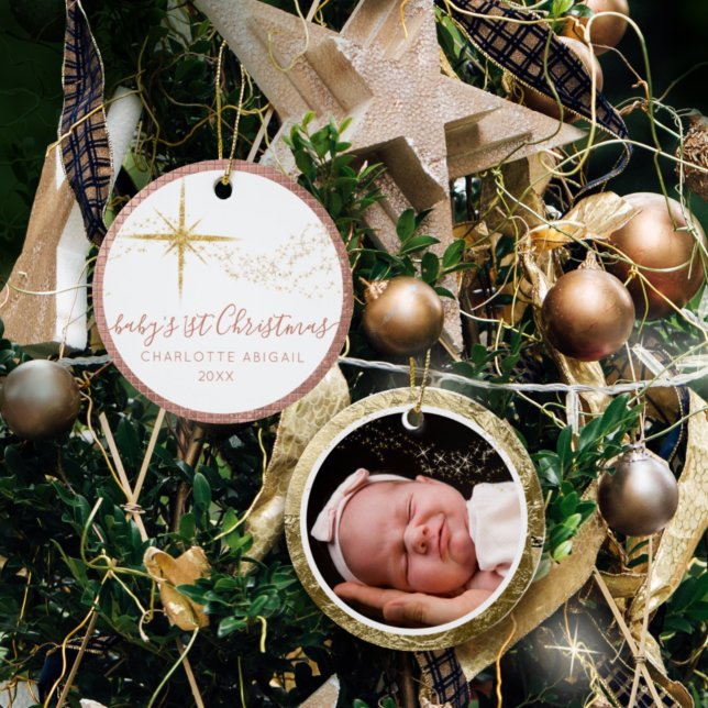 Baby 1:a julfotnoten i Rosan Guld Glitter Julgransprydnad Keramik (Skapare uppladdad)