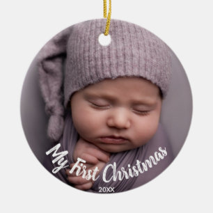 Baby 1:a julfoto, födelseattest, födelseregister julgransprydnad keramik
