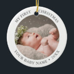 Baby 1:a julfoto julgransprydnad keramik<br><div class="desc">Baby första jul Unisex Modern Photo Ceramic Ornament i elegant,  vit och lyxfri könsneutral silver faux foil.</div>