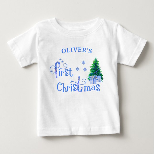 Baby 1:a Julgran och Blue Candy cane Boy T Shirt (Framsida)