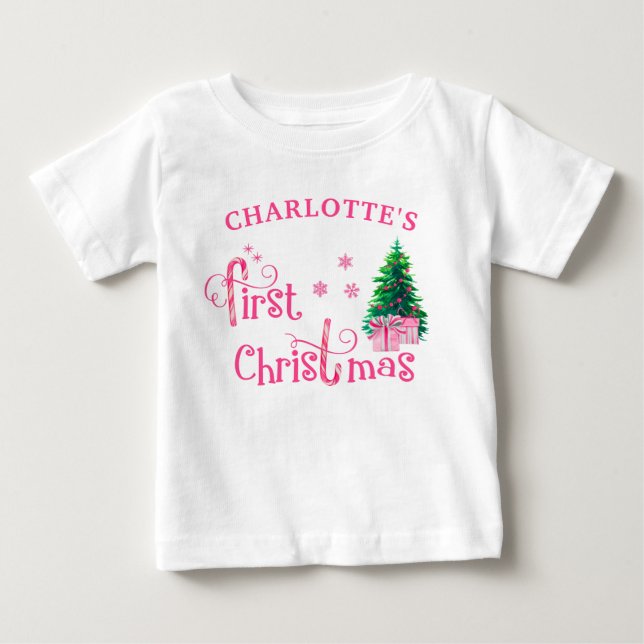 Baby 1:a Julgran och Rosa Candy cane Girl T Shirt (Framsida)