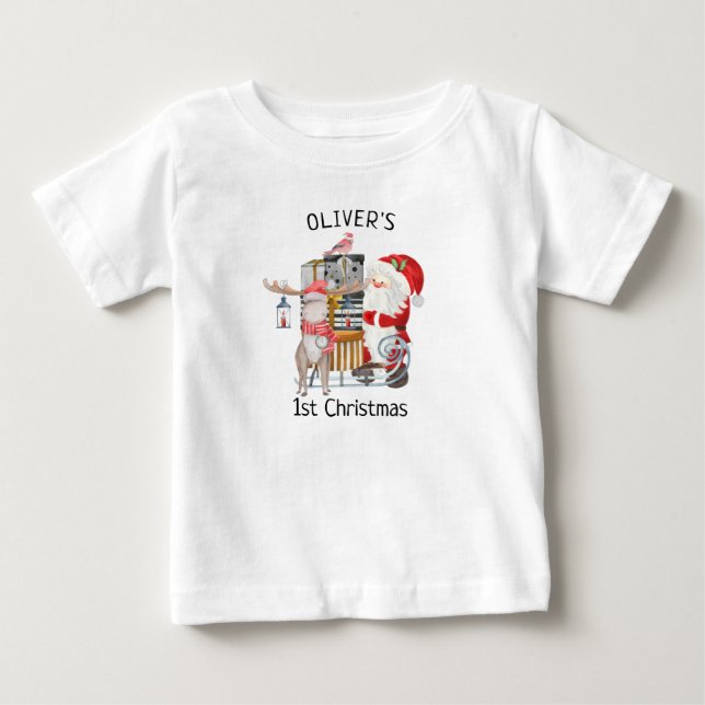 Baby 1:a jultomten och renar med Sleigh T Shirt (Framsida)