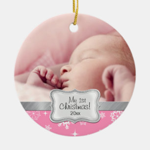 Baby 1 jul. Rosa och vit Snöflingor Julgransprydnad Keramik