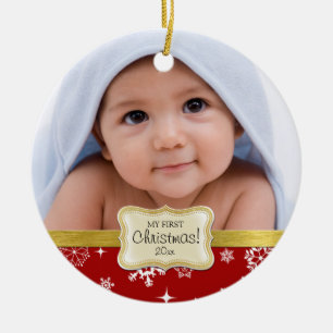 Baby 1 jul. Vita och röda Snöflingor Julgransprydnad Keramik