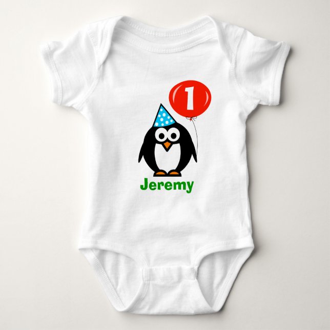 Baby 1st Birthday creeper | penguin och ballong Tröja (Framsida)