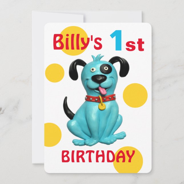 Baby 1st Birthday Party Cute Blue Puppy Hund Inbjudningar (Framsida)
