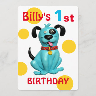 Baby 1st Birthday Party Cute Blue Puppy Hund Inbjudningar
