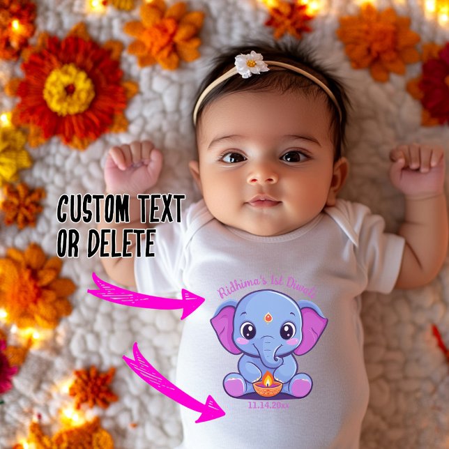 Baby 1st Diwali med söt elefant T Shirt (Baby's 1st Diwali with cute elephant Baby Bodysuit with custom text)