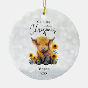 Baby 1st First jul Highland Cow Sunblommor Julgransprydnad Keramik