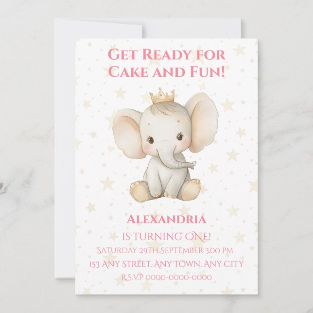 Baby 1st födelsedagspresent personlig princess ele inbjudningar (Framsida)