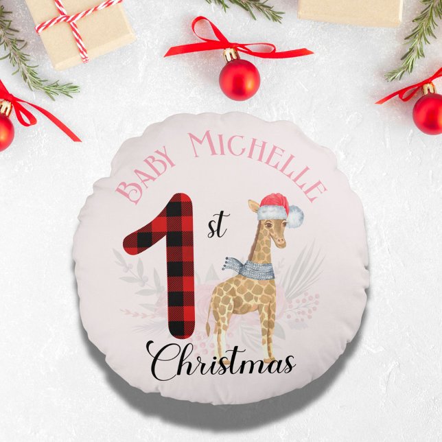Baby 1st jul Cute Giraffe Santa Hat Namn Rund Kudde (Skapare uppladdad)