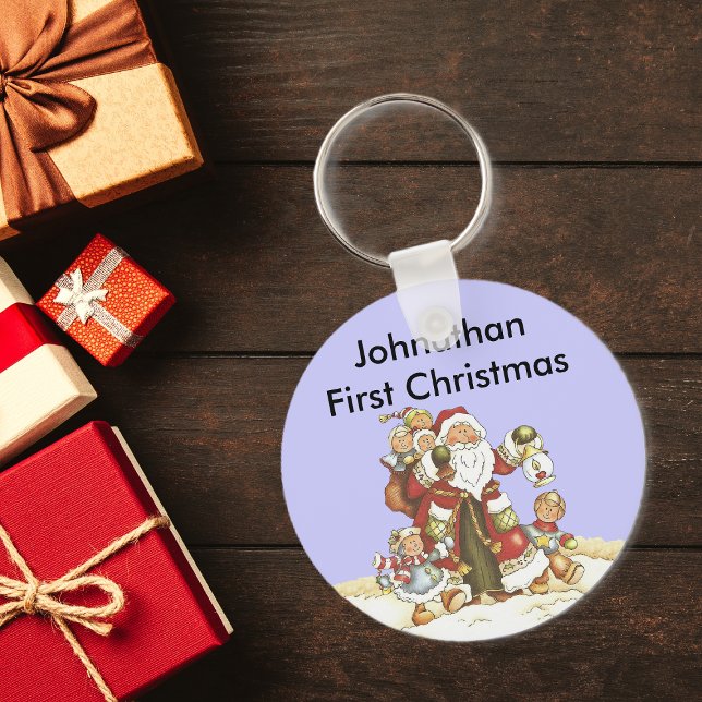 Baby 1st jul Cute Santa Kids Nyckelring (Santa with group little children in snow on baby's first Christmas blue keychain.)