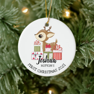 Baby 1st jul Cute Winter Fawn Hjort Doe Julgransprydnad Keramik