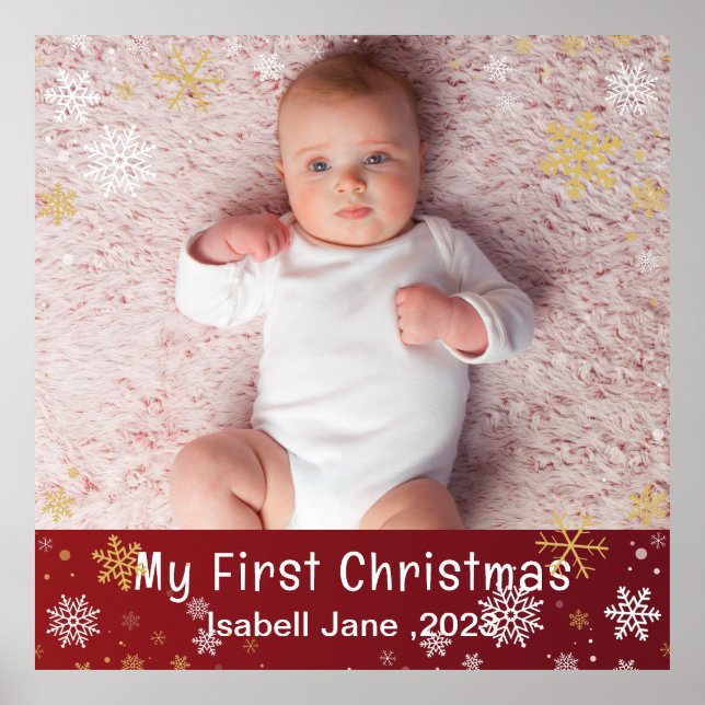 Baby 1st jul Modern Photo White Snöflingor Poster (Framsidan)