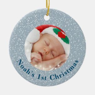 Baby 1st jul Photo Blue med White Snö Julgransprydnad Keramik