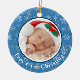 Baby 1st jul Photo Blue/White Snöflingor Julgransprydnad Keramik
