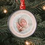 Baby 1st jul Photo Girly  Rosa & Guld Julgransprydnad Metall<br><div class="desc">Gratulera till julhelgens enkla glädjeämnen med en rosa, guld och en vit anpassningsbar fotoflicka nyfödd bebis runt metall ornament. Formuleringar och bild på den här mallen är enkla att anpassa. "Min första jul"-citat är lätt att byta i fodral, det behövs för ett annat tillfälle. (IMAGE & TEXT DESIGN TIPS: 1)...</div>