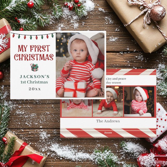 Baby 1st jul Red Grönt Candy cane Photo Julkort ("My first Christmas" baby's 1st Christmas photo card)