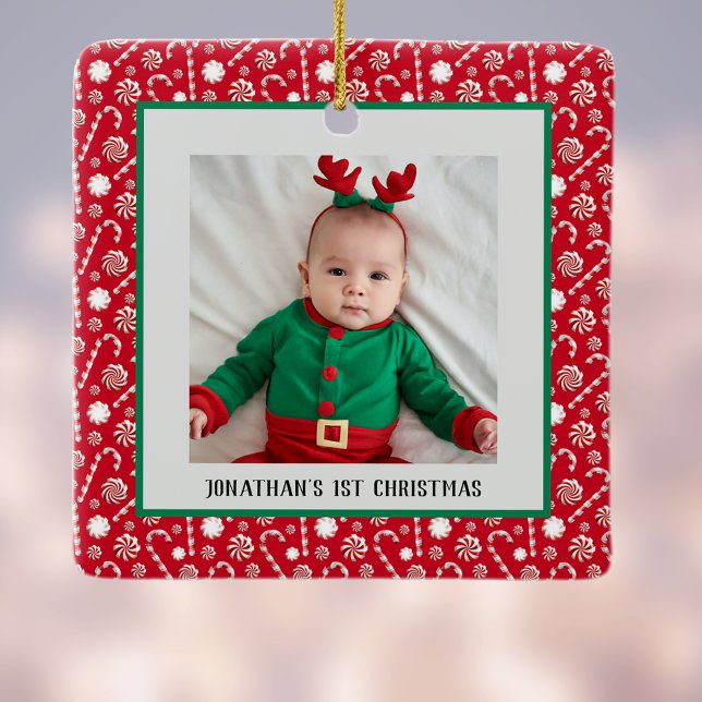 Baby 1st jul Red Peppermint Polkagrisar Julgransprydnad Keramik (Skapare uppladdad)