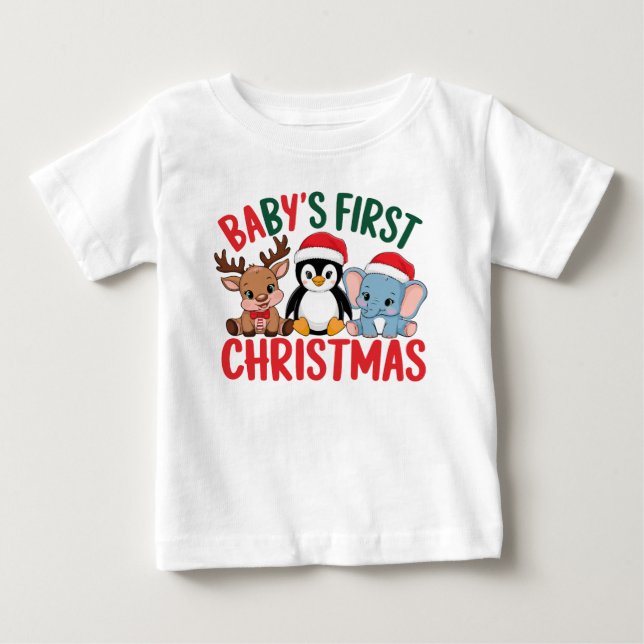Baby 1st jul - Reindeer, Penguin, Elephant T Shirt (Framsida)