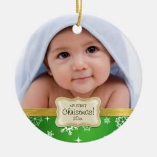 Baby 1st jul. Vit- och gröntsnöflingor Julgransprydnad Keramik