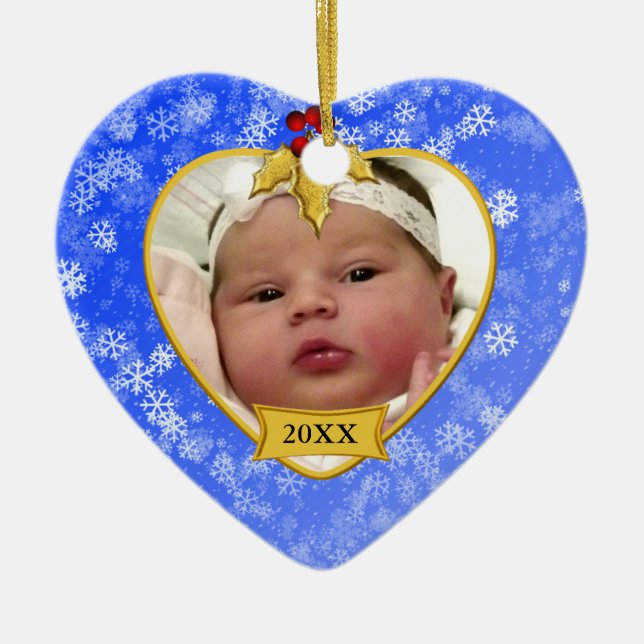 Baby 1st julblått och guldfoto julgransprydnad keramik (Framsidan)