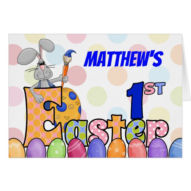 Baby 1st Påskhare Painting Eggs och Namn Hälsningskort (Framsidan Horizontal)