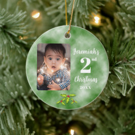 Baby 2:a julen - en fotorunda Grönt Julgransprydnad Keramik