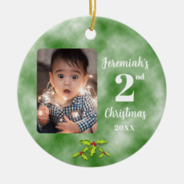 Baby 2:a julen - en fotorunda Grönt Julgransprydnad Keramik