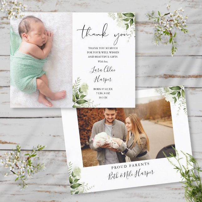 Baby 2 Bilder Grönska Blommig Tacksamhet Födelse Meddelande Vykort (Baby 2 Photos Greenery Floral Thank You Birth Announcement Postcard)
