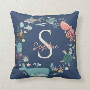 Baby 2 Namn Monogram Blue under Octopus Kudde