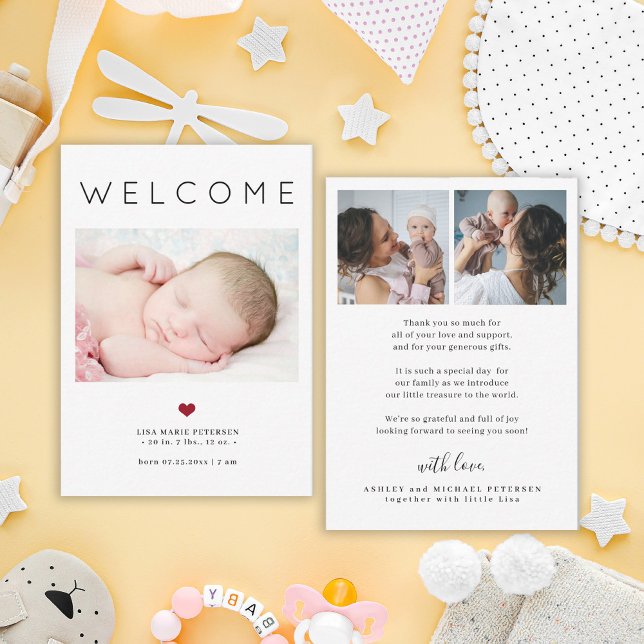 Baby 3 foto välkomst typografi födelse meddelande (This is a MINI CARD. Available in bigger sizes)