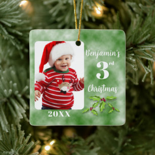 Baby 3 jul ett fototfyrkantsfält julgransprydnad keramik