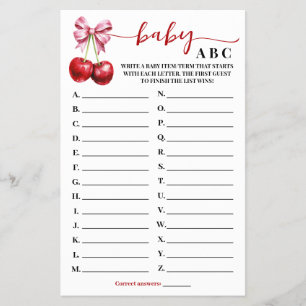 Baby ABC Cherry Coquette Baby Shower Game Card Flygblad