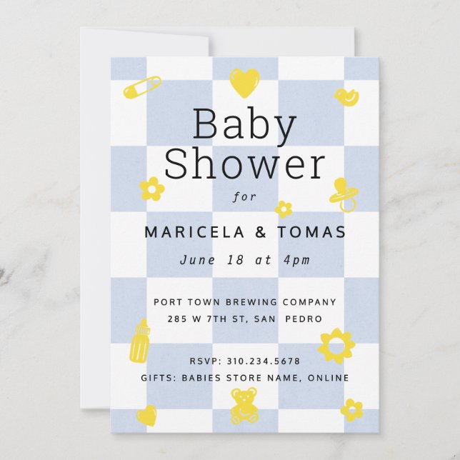 Baby and Gult Checker Baby Shower Inbjudningar (Framsida)