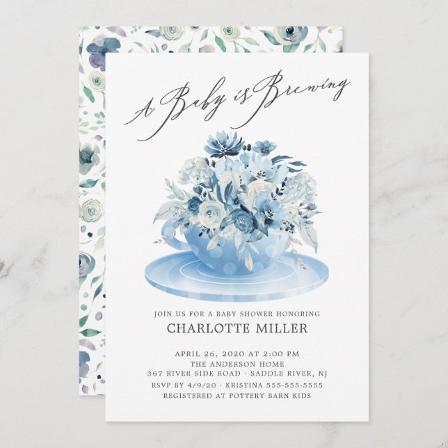 Baby andas blått Blommigt Pojke Tea Inbjudningar (Fram/baksida)