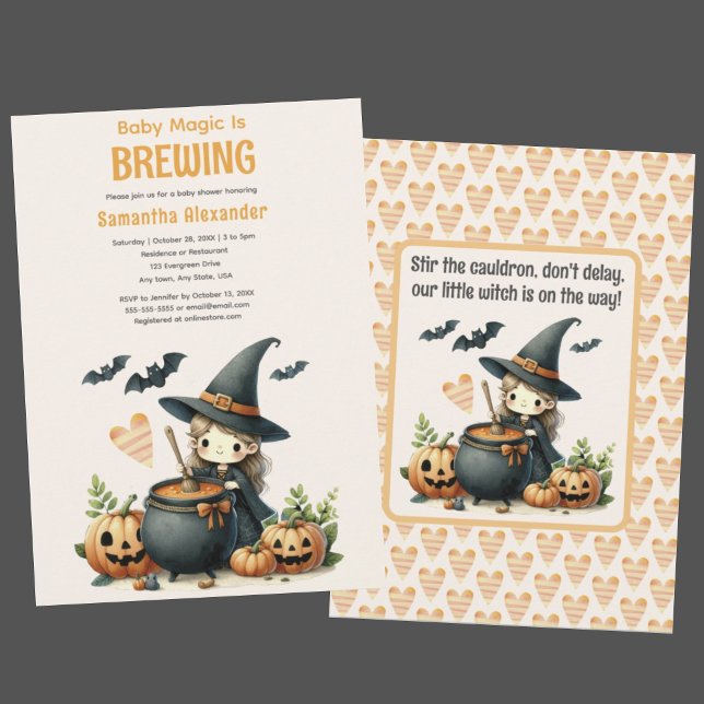 Baby andas in babyduschinbjudan till Halloween Inbjudningar (Baby Magic is Brewing Halloween baby shower invitation. Cute witch stirring cauldron. Halloween poem)