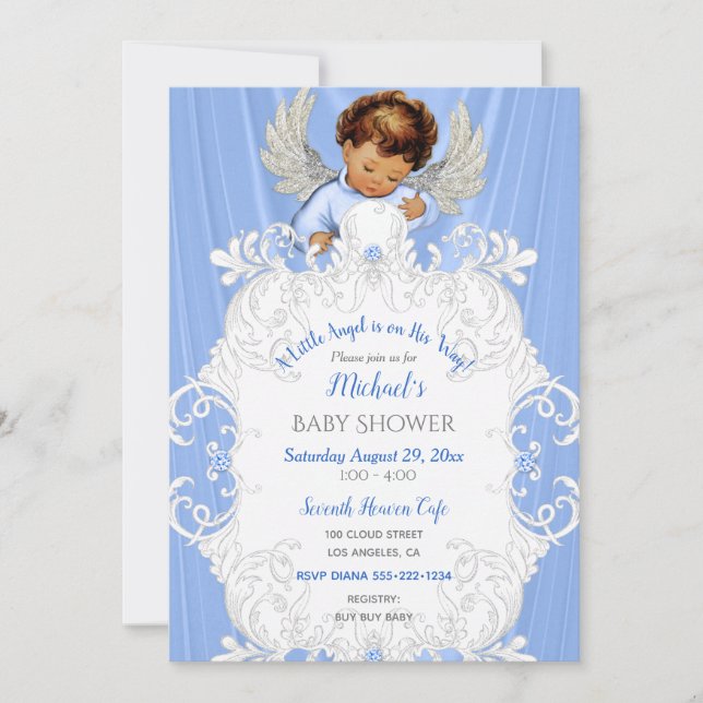 Baby Angel Blå Silver Medelstark Hy Invitation Inbjudningar (Framsida)