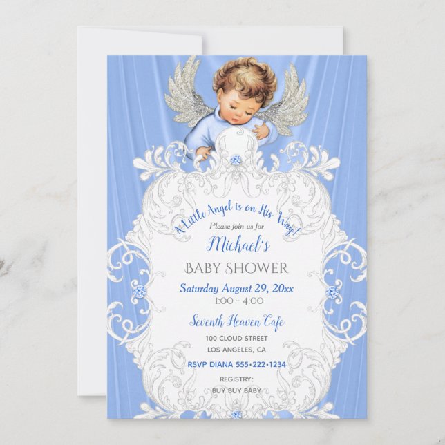 Baby Angel Blue Silver Light Skin Tone Inbjudan (Framsida)