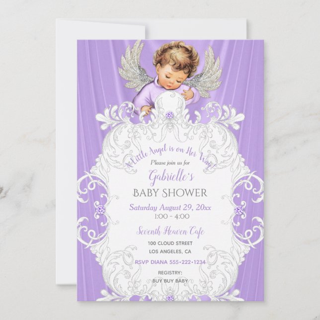 Baby Angel Lavendel Silver Ljus Hudton Inbjudningar (Framsida)
