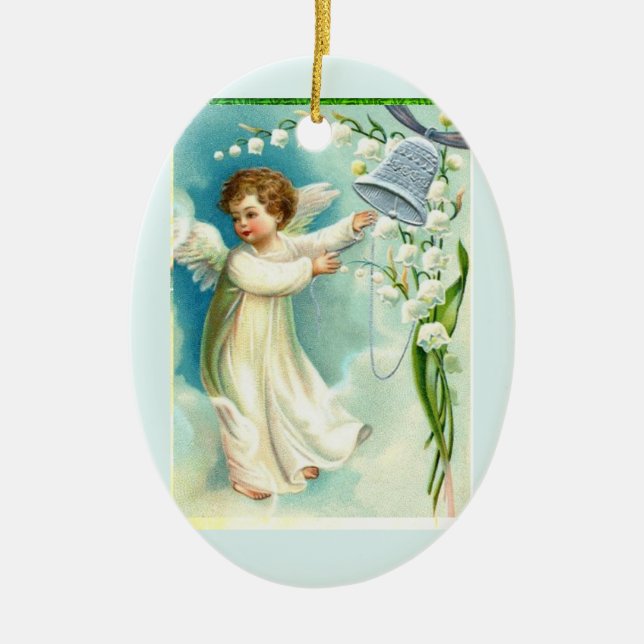 Baby Angel med blå bell Julgransprydnad Keramik (Framsidan)