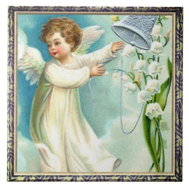 Baby Angel med blå keramisk platta Kakelplatta (Framsidan)