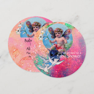 BABY ÄNGEL MED DUVOR I GULD RÖDA GLITTER INBJUDNINGAR