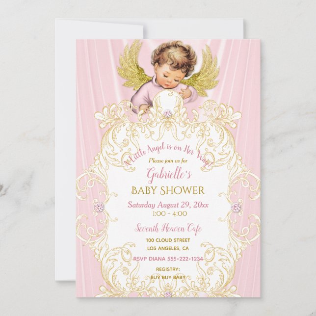 Baby Angel Rosa Guld Flicka Inbjudningar (Framsida)