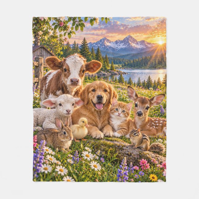 Baby Animals Mountain Lake Filten Fleecefilt (Framsidan)