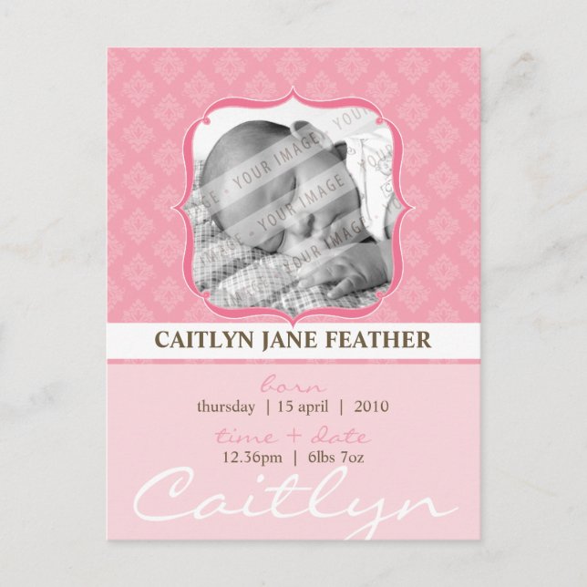 BABY-ANMÄLAN ::  elegant inramad 6 Meddelande Vykort (Framsida)