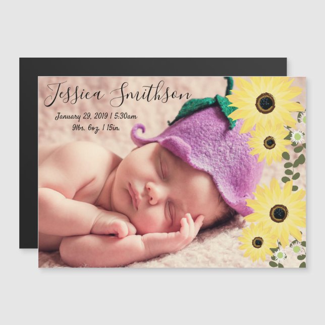Baby annons Stats solblommor fotomagnet Magnetisk Inbjudningskort (Fram/baksida)