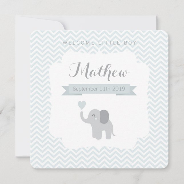 Baby Announcement Boy Elephant Chevron Heart Meddelande (Framsida)