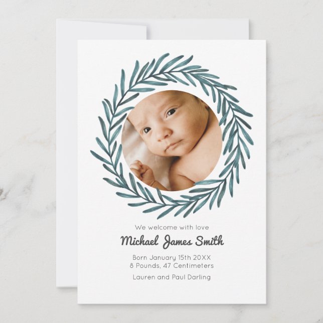 Baby Announcement Photo Card Wreath Baby greenery Inbjudningar (Framsida)